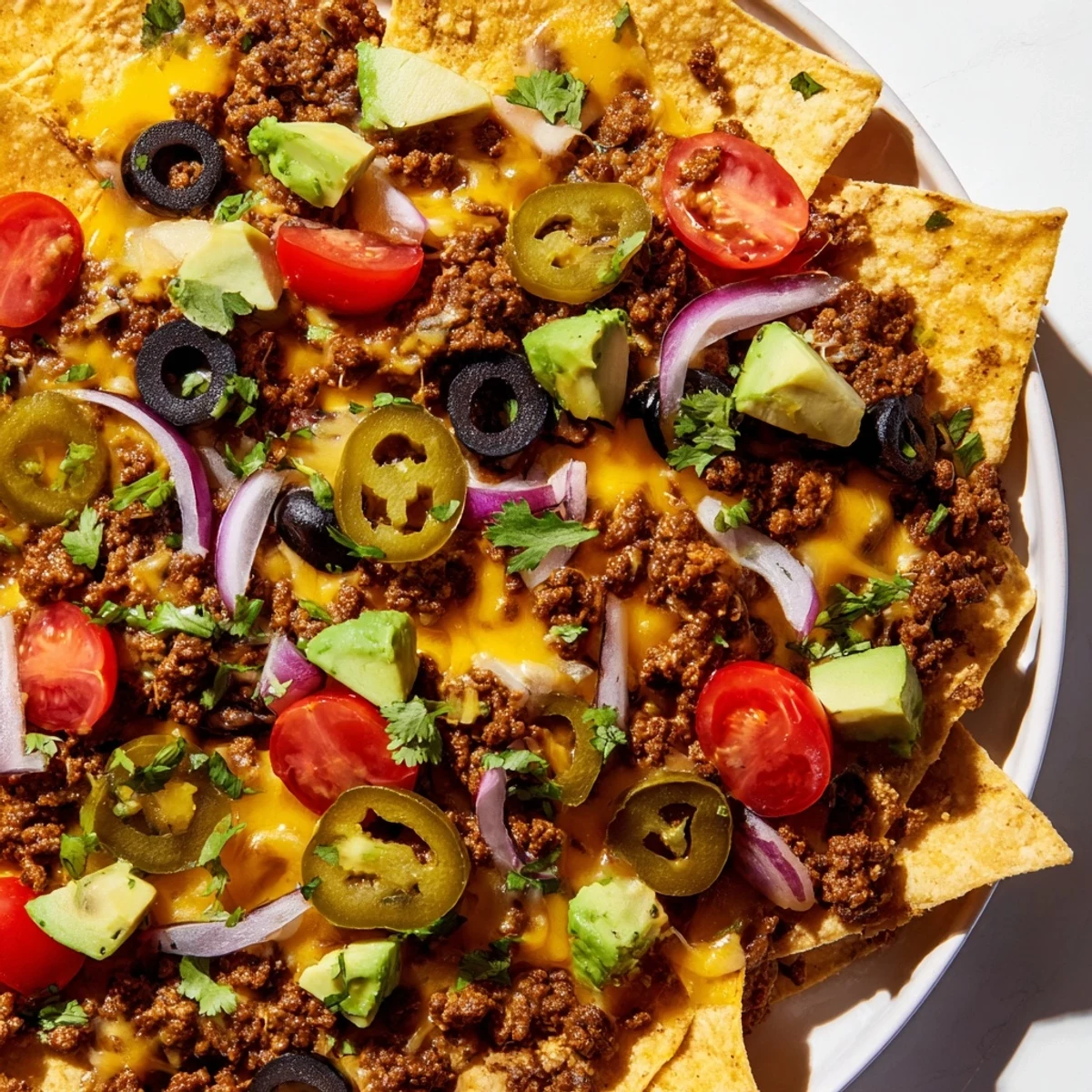 Freshly baked Championship Nacho Platter with Ground Beef, topped with diced avocado, red onion, and fresh cilantro for a colorful, appetizing spread.