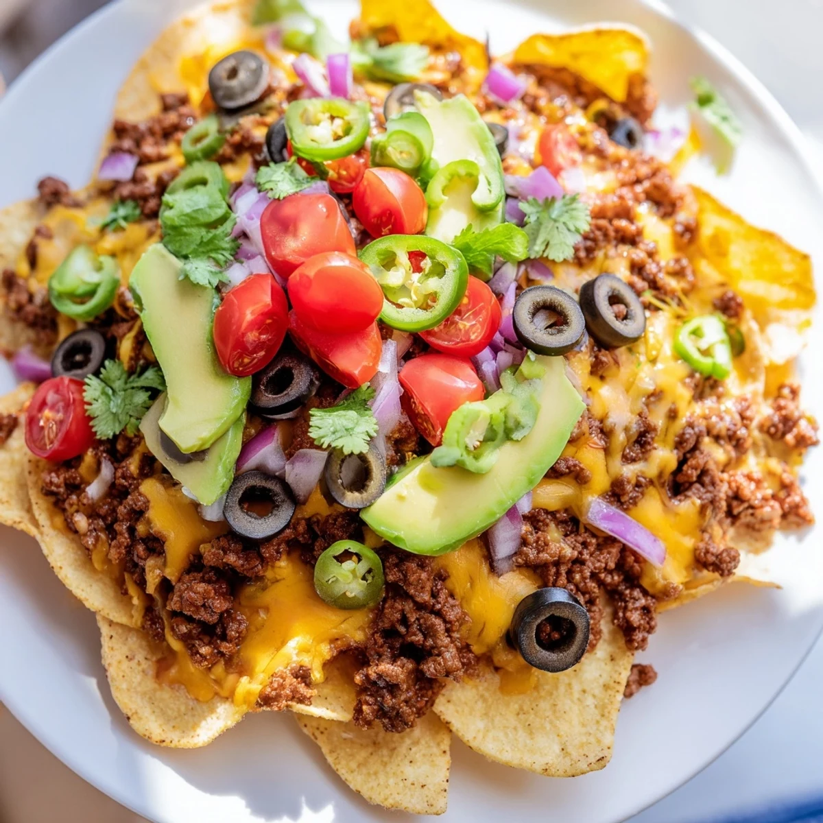 Golden tortilla chips loaded with seasoned ground beef and bubbling cheese on this Championship Nacho Platter, perfect for a game day party crowd.