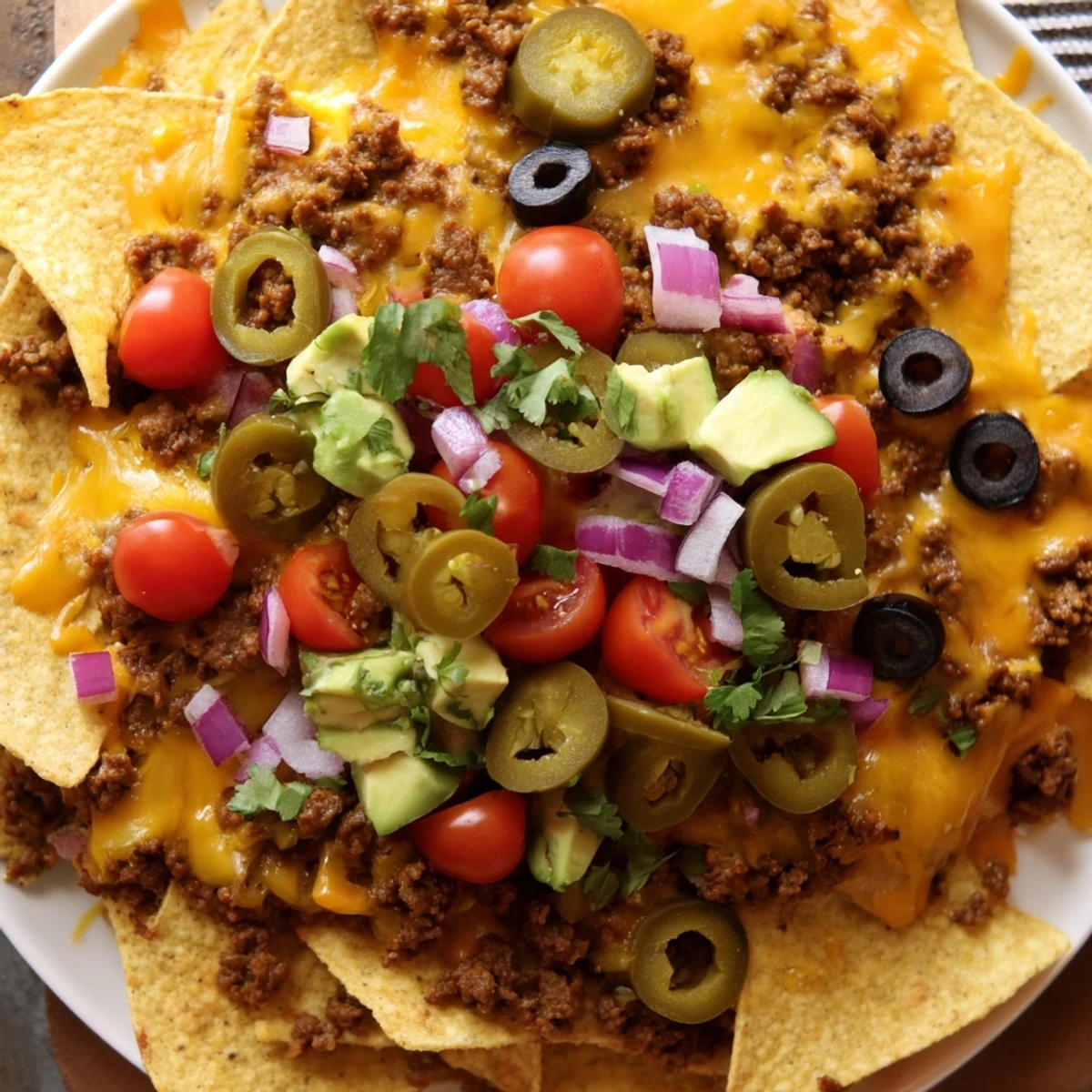 Ooey-gooey Championship Nacho Platter with Ground Beef, layered with melted cheddar and Monterey Jack, ready to serve with salsa and sour cream on the side.