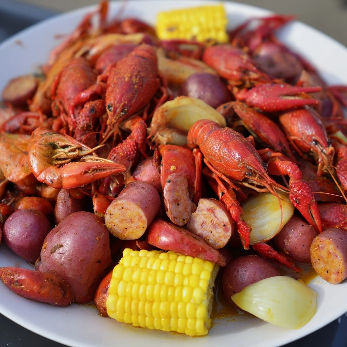 A heaping platter of Louisiana Style Crawfish Boil features bright red crawfish, golden corn, potatoes, and spicy Andouille sausage, ready for a classic Southern feast.