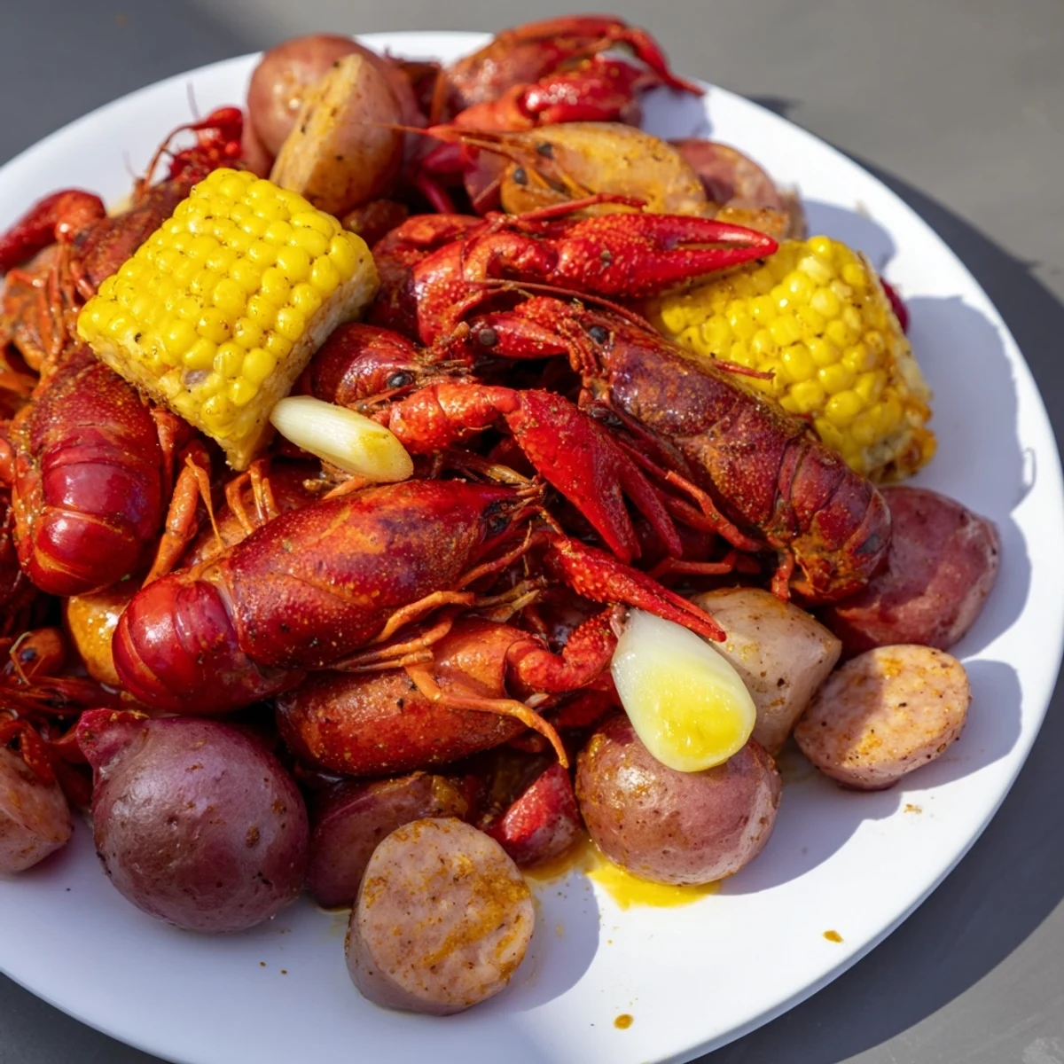 Freshly boiled crawfish piled high with tender potatoes, corn on the cob, and smoked sausage in a classic Louisiana Style Crawfish Boil presentation.