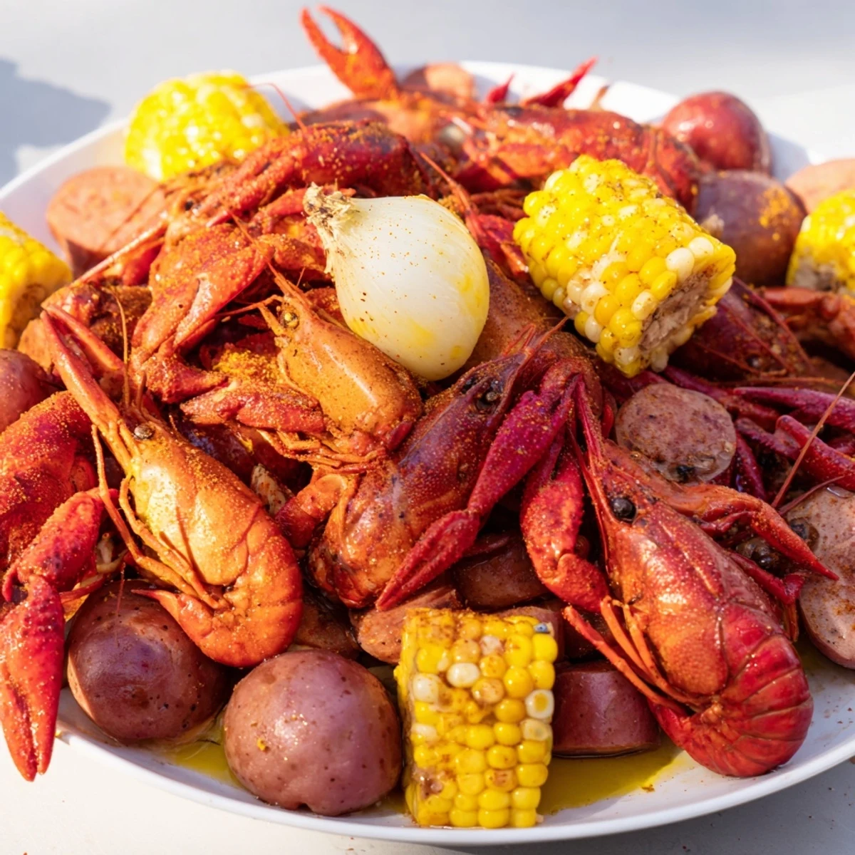 Overhead view of a festive Louisiana Style Crawfish Boil served with lemon wedges and extra seasoning, showcasing the vibrant colors and delicious mess.