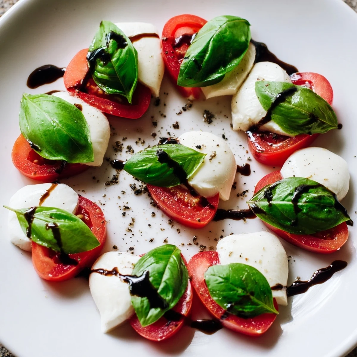 Fresh tomato and mozzarella hearts drizzled with balsamic glaze in this romantic Valentine Heart Caprese Salad, garnished with basil on a white plate.