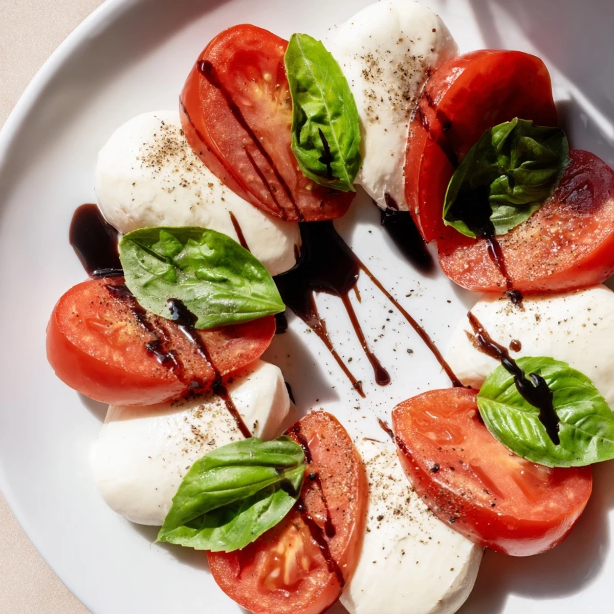 Close-up of colorful Valentine Heart Caprese Salad with heirloom tomato hearts, mozzarella, and basil leaves, sprinkled with flaky sea salt and balsamic glaze.