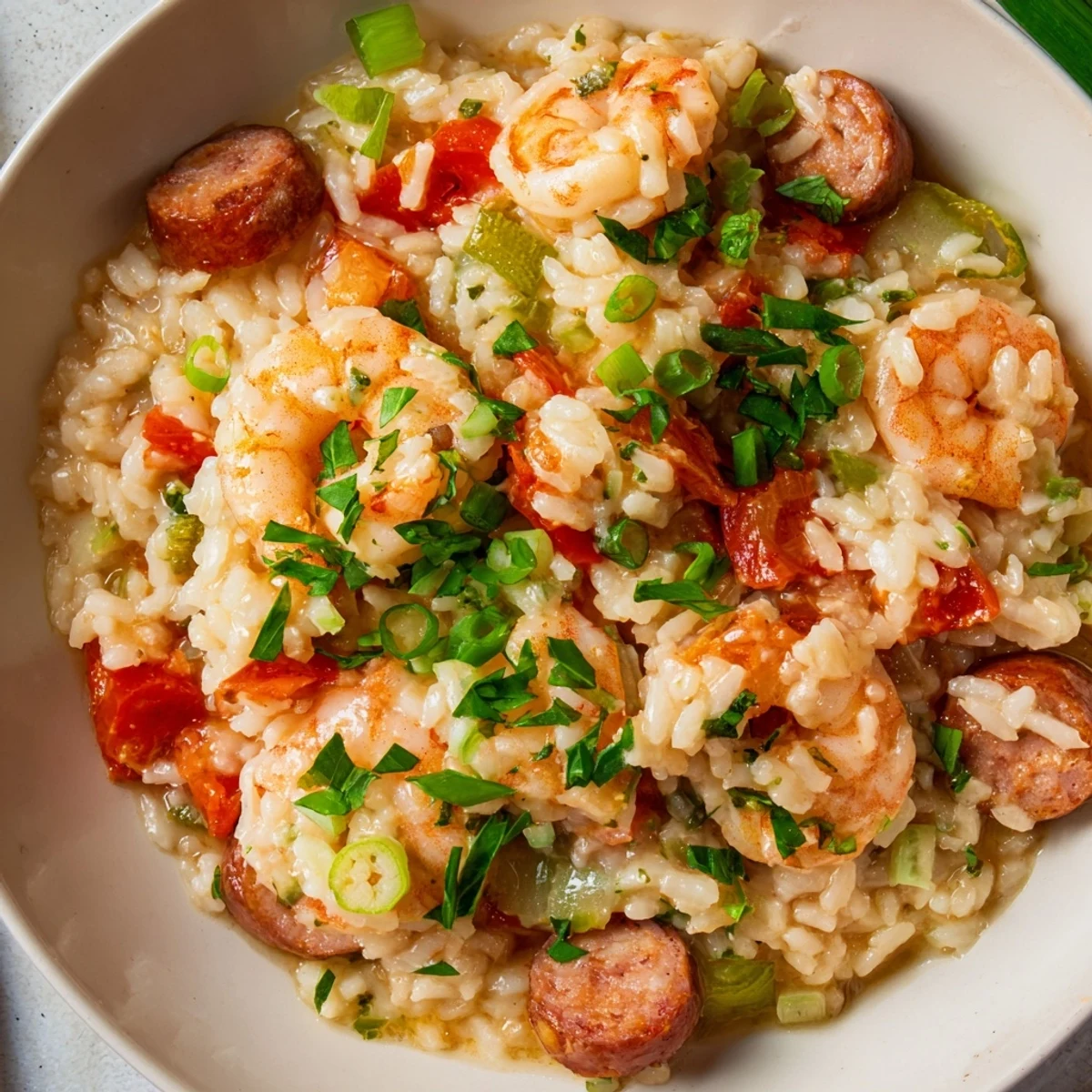 Creole Jambalaya Risotto steams in a white bowl, featuring plump shrimp, diced chicken, and colorful peppers against a cozy, wooden background.