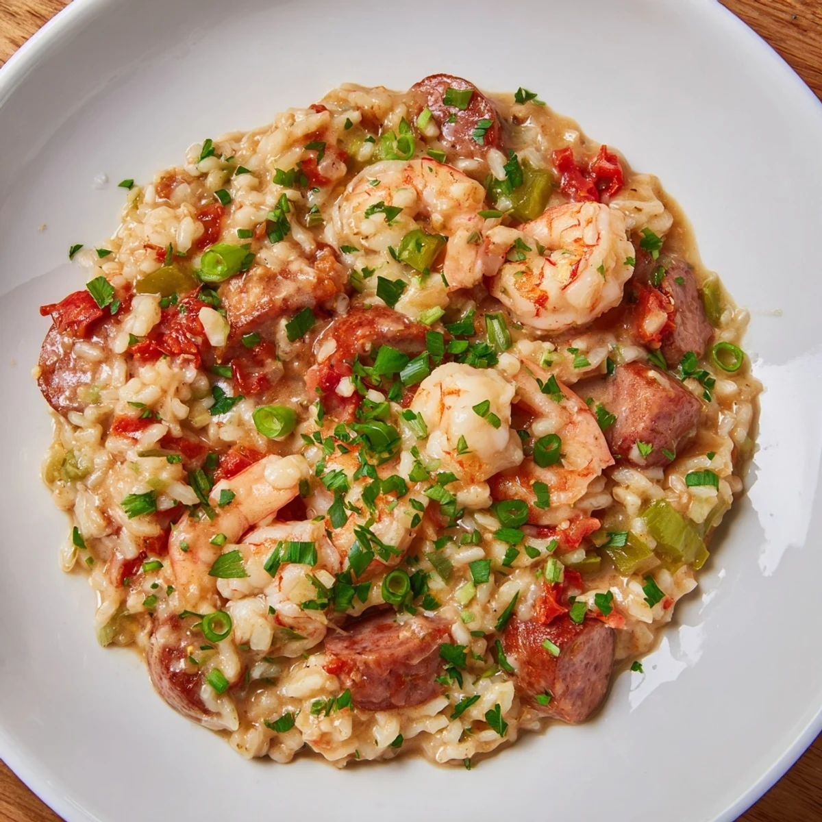 A close-up of vibrant Creole Jambalaya Risotto with pink shrimp, smoky andouille sausage, and fresh parsley garnish served in a rustic bowl.