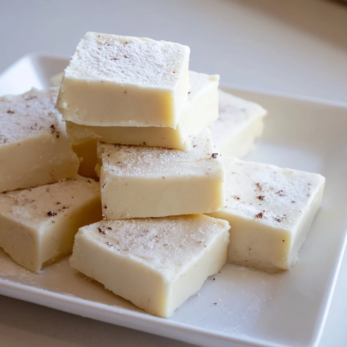Freshly cut Irish Cream Fudge pieces dusted with powdered sugar, ready to be served alongside a hot cup of coffee on a cozy afternoon.