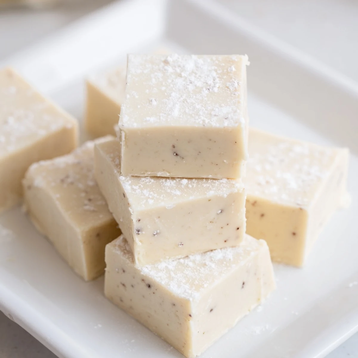 A stack of rich, creamy Irish Cream Fudge squares on a rustic wooden board, glistening slightly from the sweet condensed milk and chocolate.