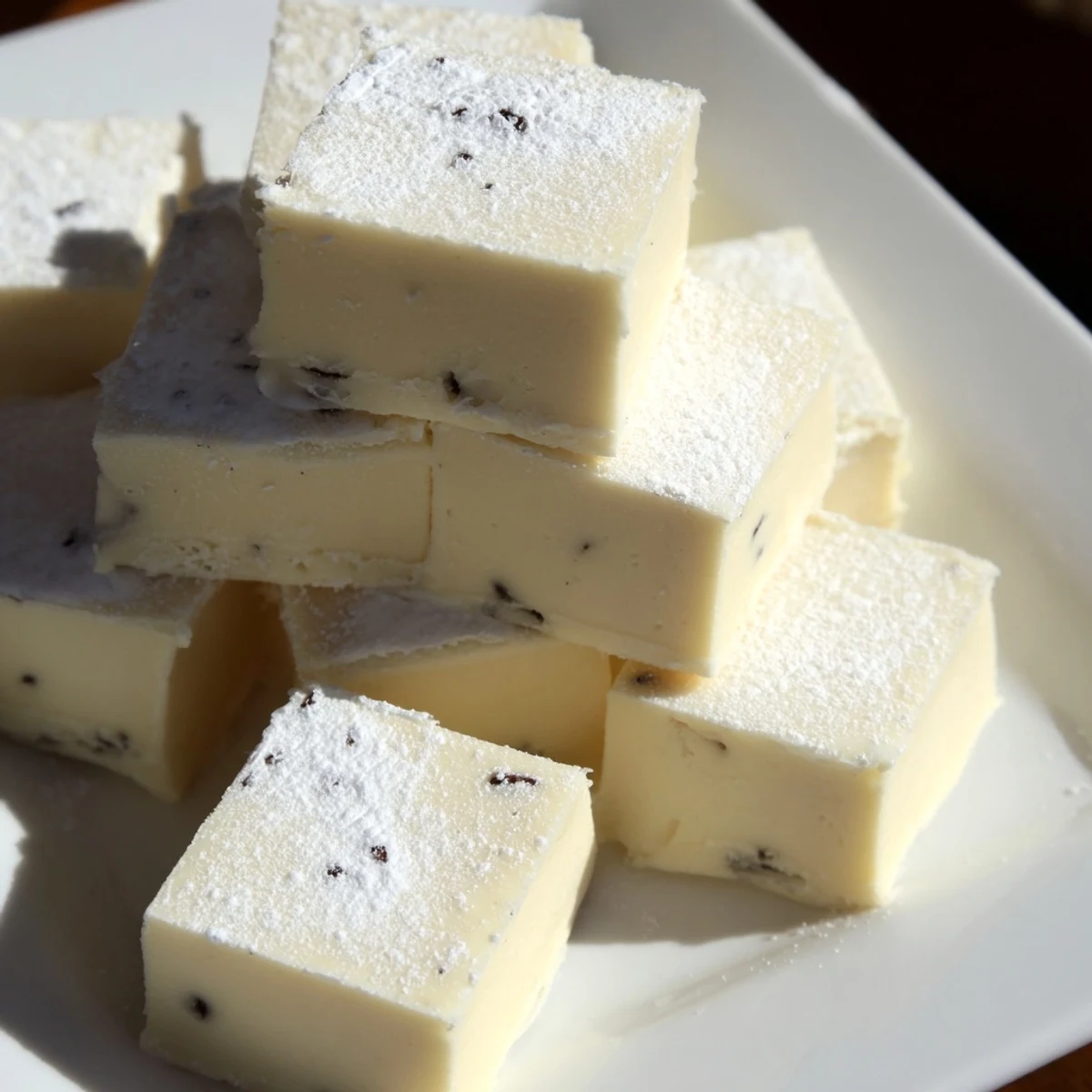 Homemade Irish Cream Fudge squares wrapped in parchment paper, a perfect sweet treat to package as a thoughtful gift for friends and family.