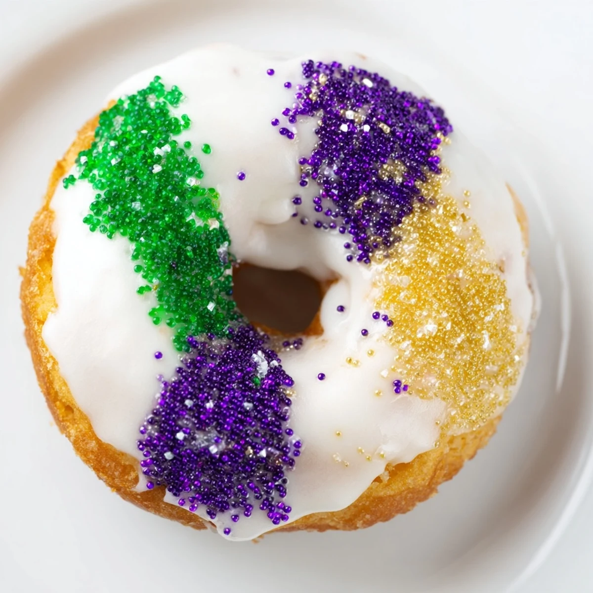 Golden, fried Mardi Gras donuts dusted with sparkling purple, green, and gold sugars on a ceramic plate.