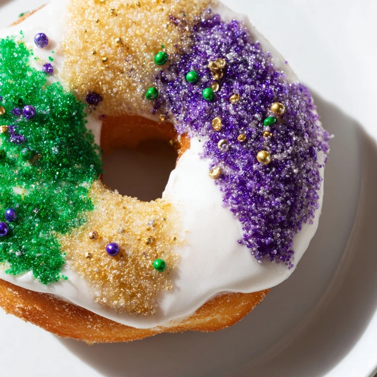 Stack of fluffy New Orleans-style Mardi Gras donuts glistening with sweet icing and colorful sugar toppings.