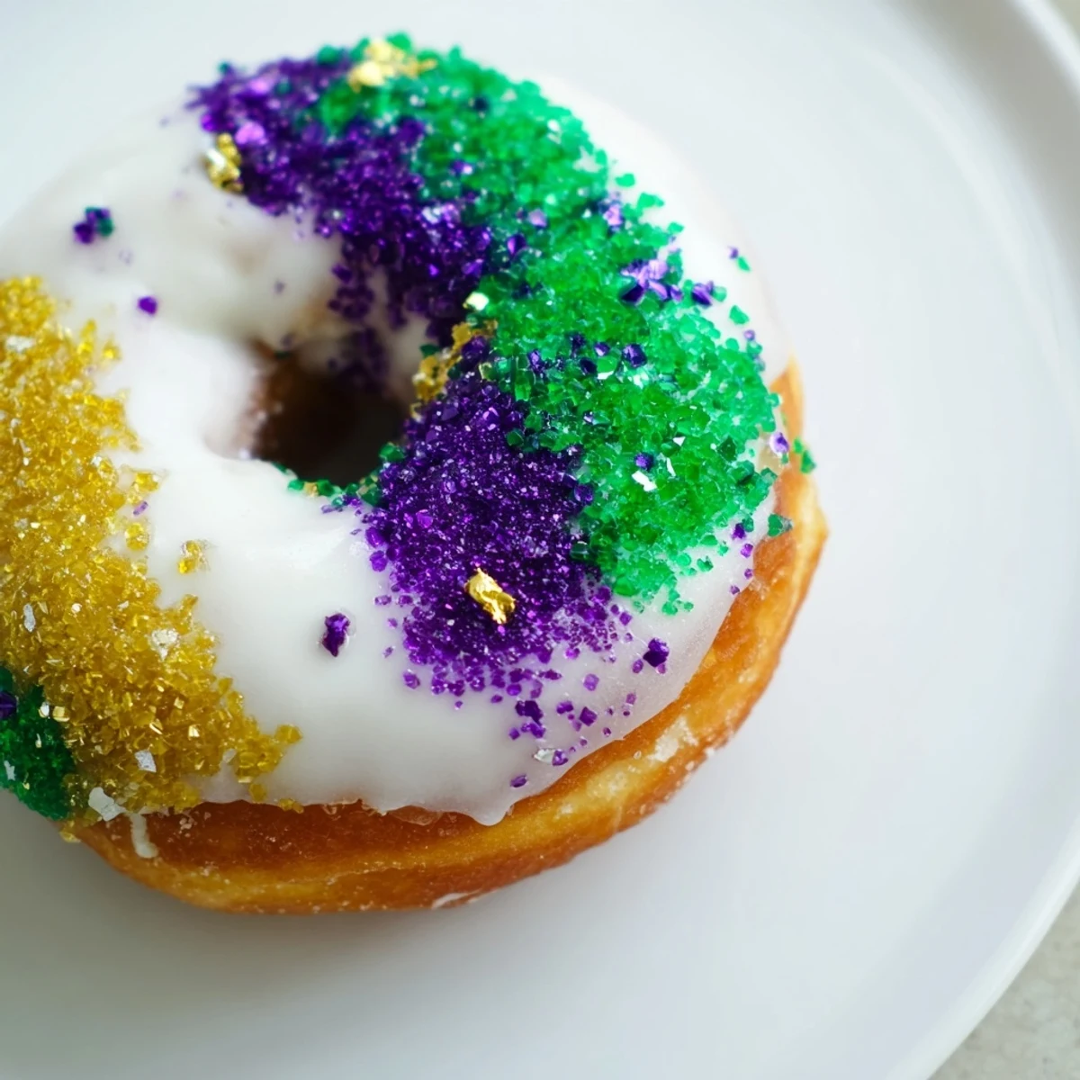 A freshly baked Mardi Gras donut with white icing and vibrant colored sugar, ready to serve.