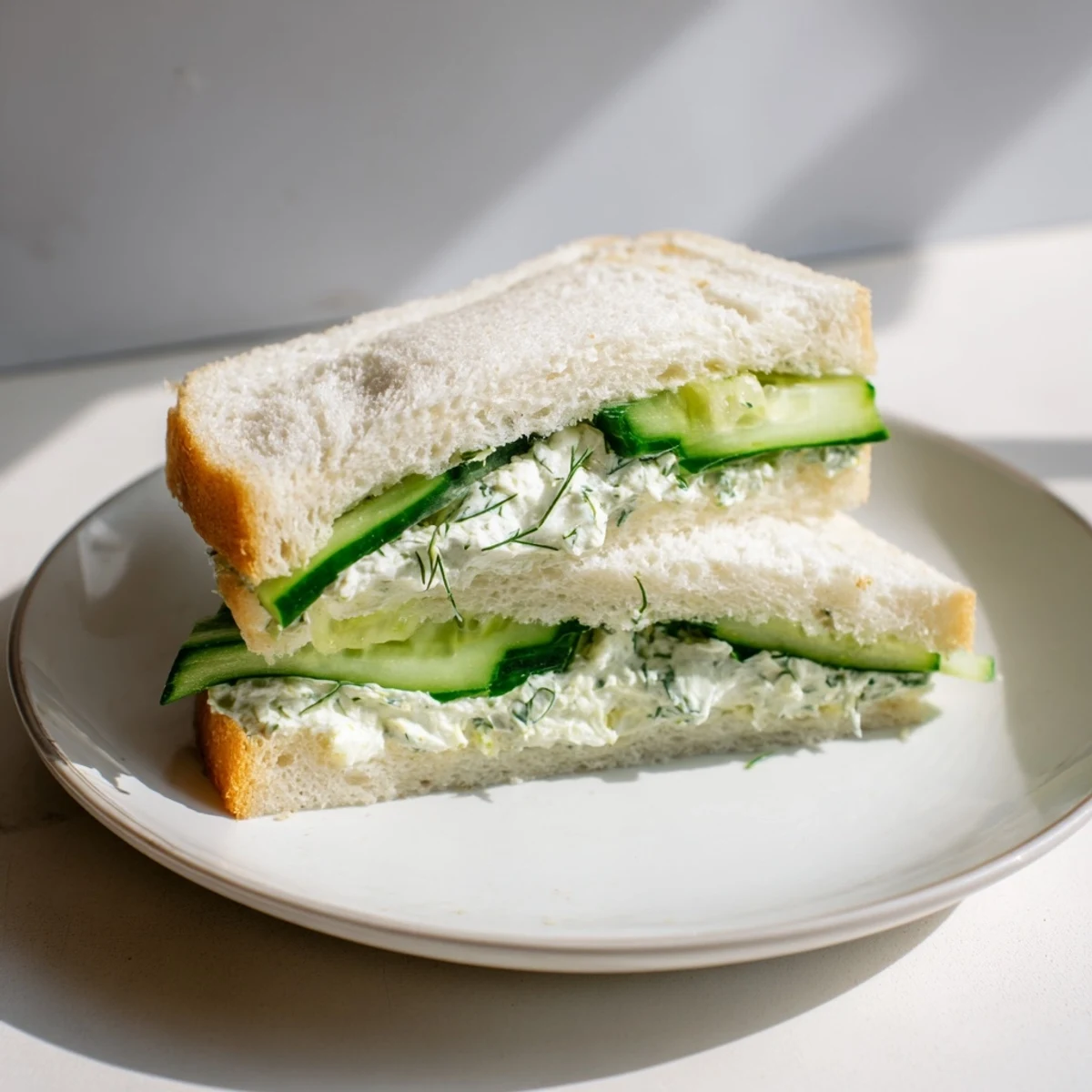 Perfectly portioned, these elegant tea-time Cucumber Sandwiches with Herb Cream Cheese showcase fresh herbs, cool cucumber, and buttery bread on a wooden serving board.