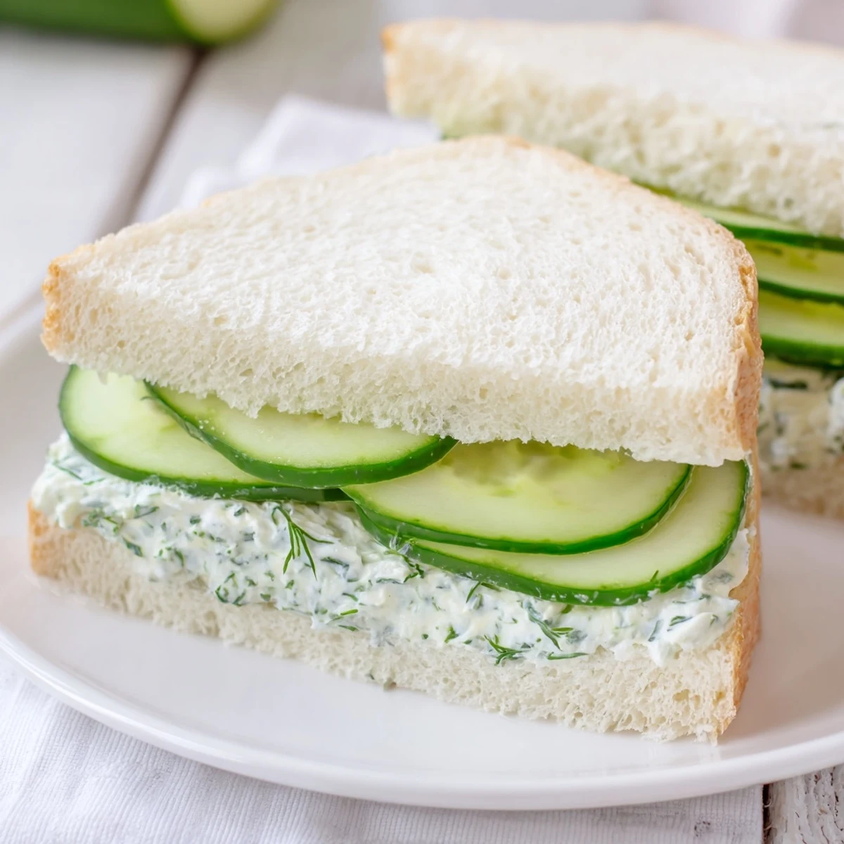 Thin, crisp English cucumber slices layered over a smooth, dill-flecked cream cheese spread on soft, crustless white bread for Cucumber Sandwiches with Herb Cream Cheese.