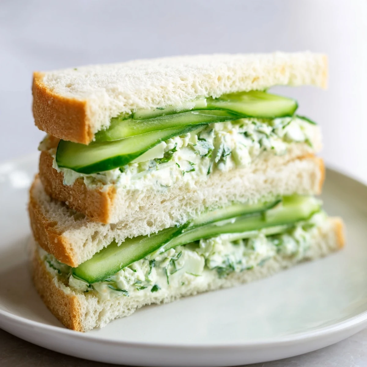 A close-up of Cucumber Sandwiches with Herb Cream Cheese, with visible flecks of chive and parsley, served as a light, refreshing vegetarian snack or appetizer.