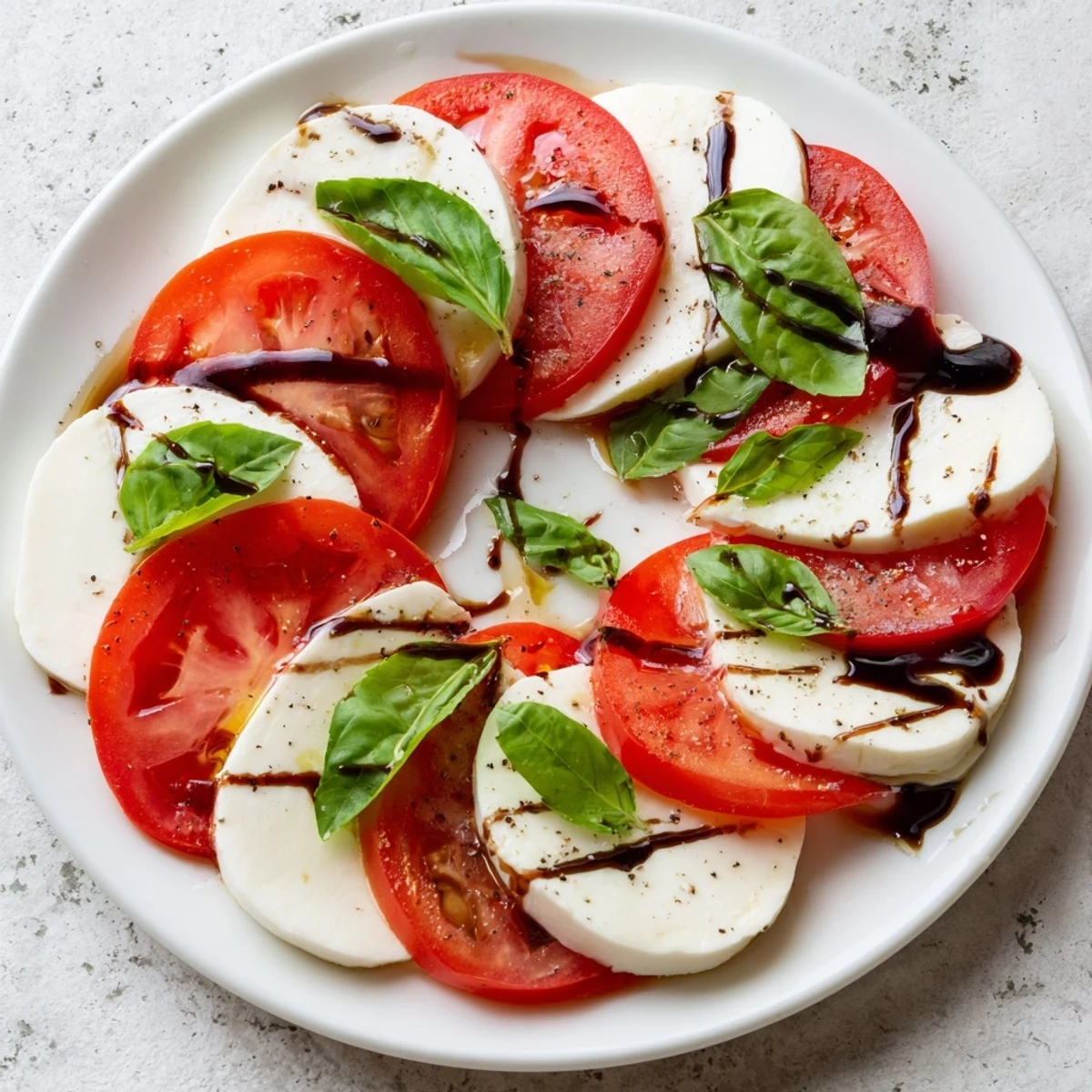 A close-up of the Heart Caprese Salad with balsamic glaze, showing bright red tomato hearts layered with creamy mozzarella and fresh basil leaves.  