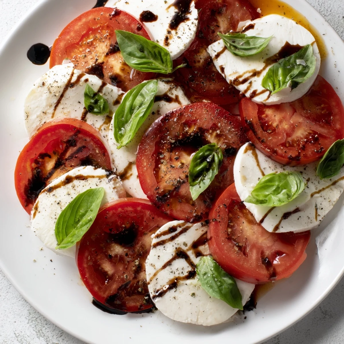 This elegant Heart Caprese Salad features heart-shaped mozzarella and tomatoes drizzled with a rich, sweet balsamic glaze on a white platter.  