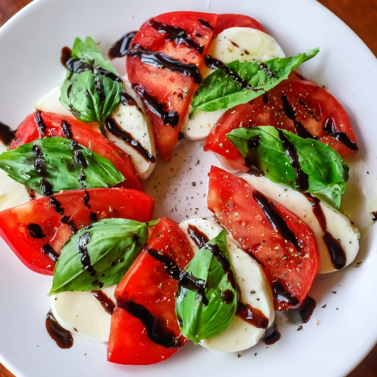 A romantic Heart Caprese Salad appetizer with vibrant tomato hearts, fresh basil, and a glossy balsamic glaze ready for a special occasion.