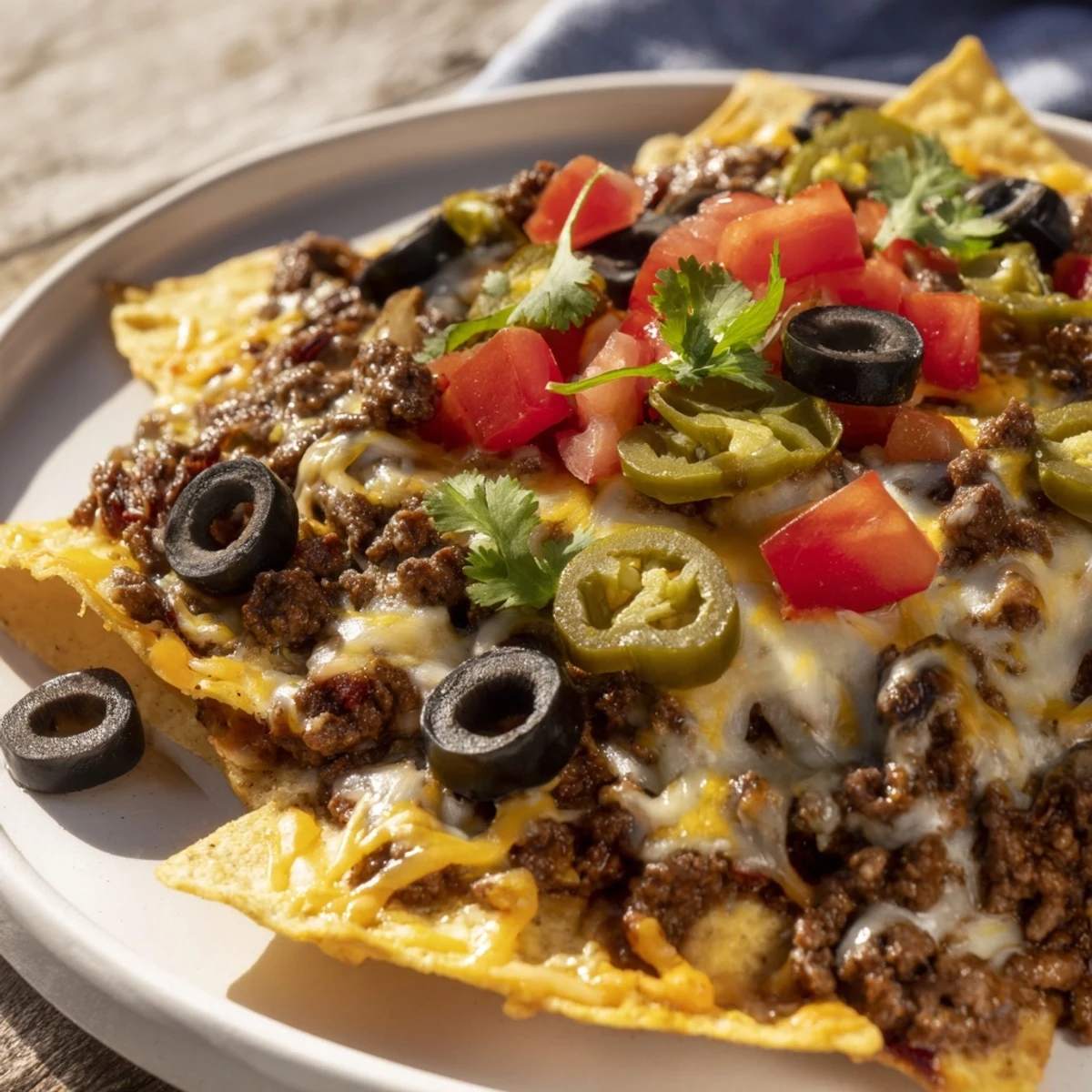 Golden brown melted cheddar and Monterey Jack cheese blanket a loaded nacho platter with seasoned ground beef, black beans, and jalapeños, served with salsa and guacamole.