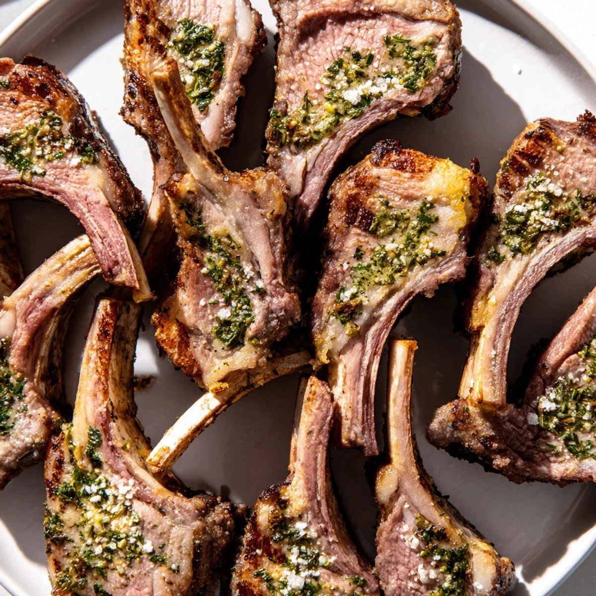 Succulent herb-crusted roasted rack of lamb, cooked to a perfect medium-rare and plated with lemon wedges for a classic French dinner.