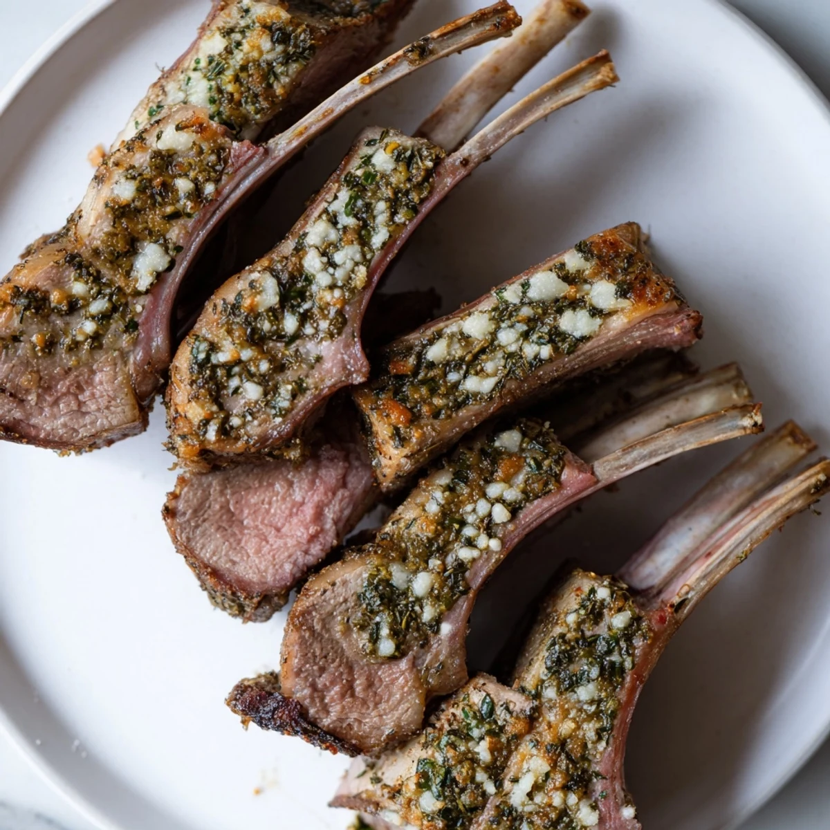 A close-up shows the golden-brown crust on this roasted rack of lamb, garnished with fresh thyme and rosemary before slicing.