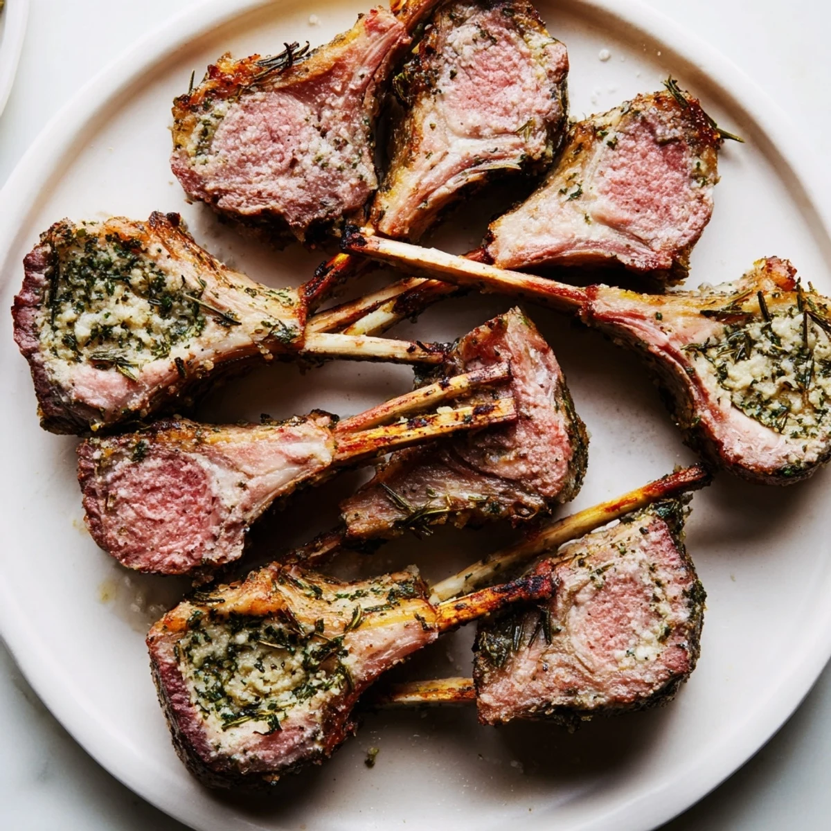Golden, herb-roasted rack of lamb chops, sliced and ready to serve alongside roasted potatoes and a fresh green salad.