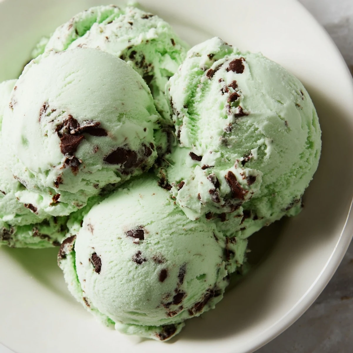 A scoop of creamy homemade Mint Chocolate Chip Ice Cream, with chocolate shards and specks of mint, served in a vintage bowl.
