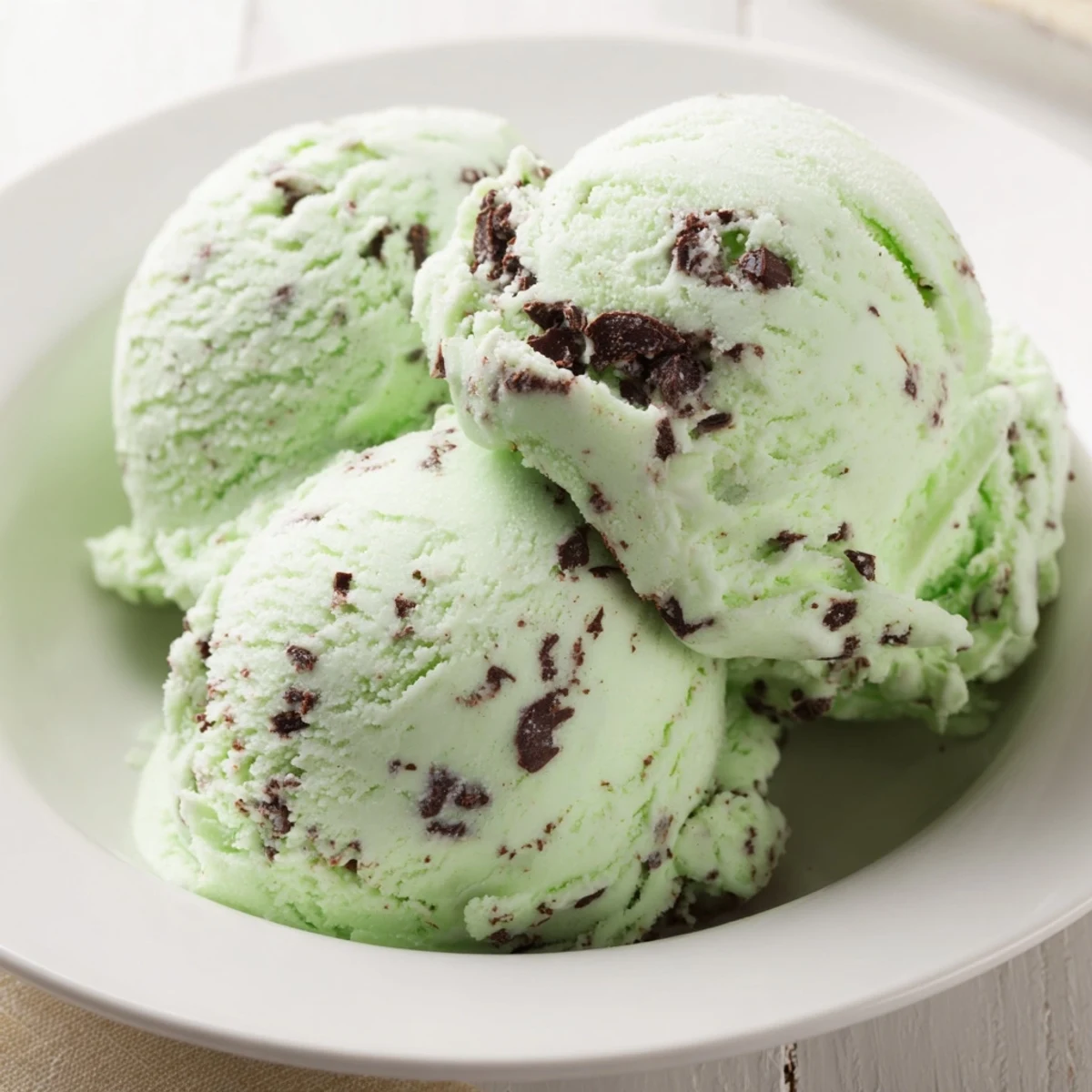 A creamy batch of churned Mint Chocolate Chip Ice Cream, with green-tinted mint custard and chunks of dark chocolate ready to serve.