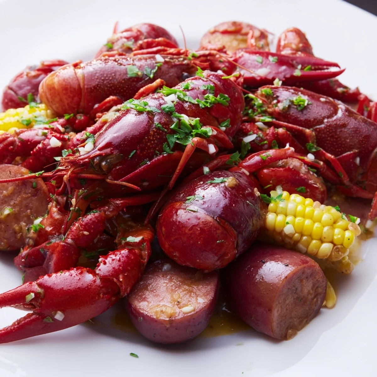 Family-style Louisiana Style Crawfish Boil served on a newspaper-lined tray, featuring tender potatoes, corn, and juicy crawfish ready to share.