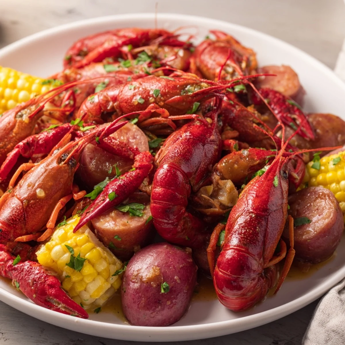 Close-up of a Louisiana Style Crawfish Boil with crawfish shells, potatoes, andouille sausage, and fresh lemon wedges for serving.