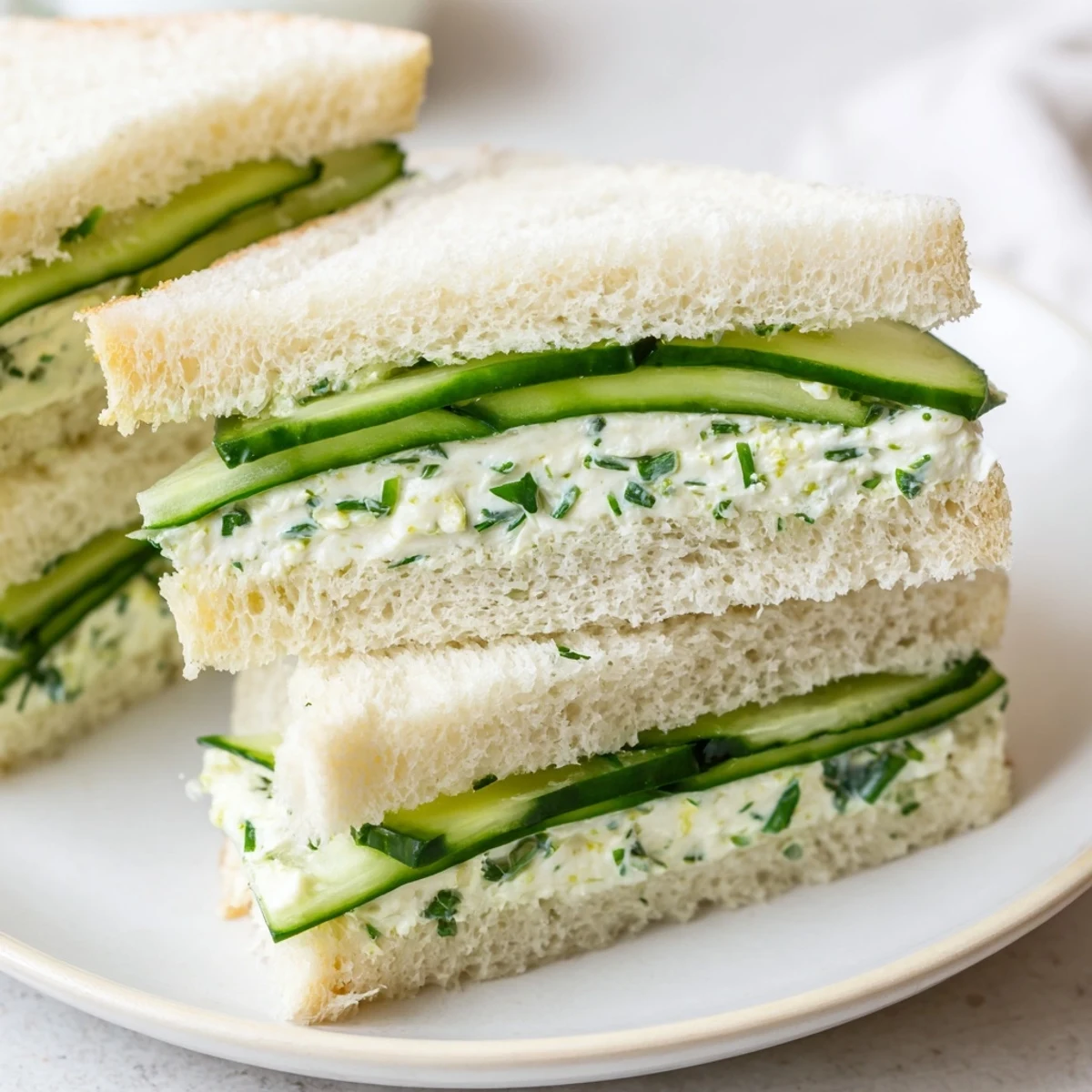 Close-up of Cucumber Sandwiches with Herb Cream Cheese on a white plate, crisp cucumber slices glistening beside creamy, green-speckled spread on soft bread.