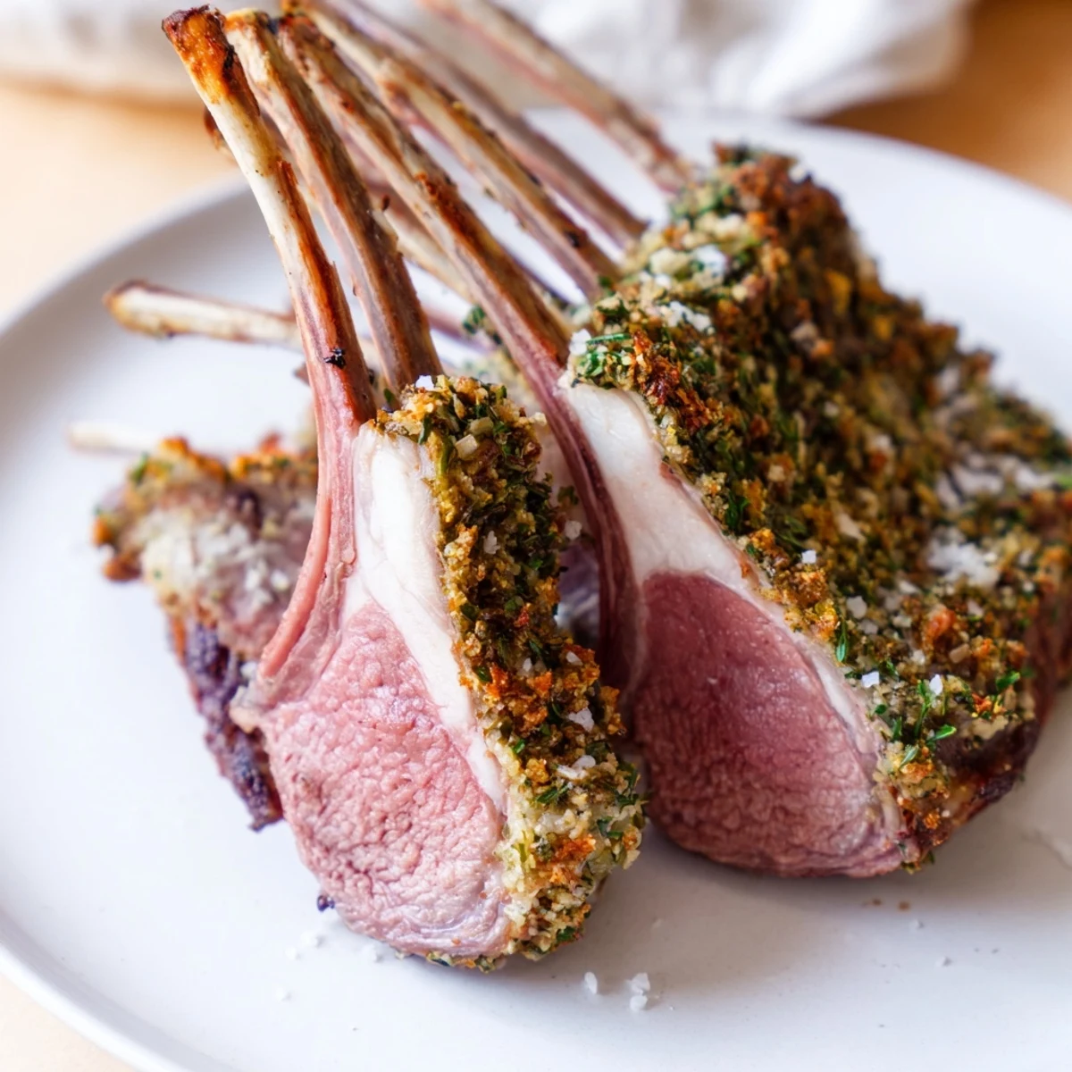 Golden-brown roasted rack of lamb with herbs and garlic, resting after roasting and ready to slice and serve.