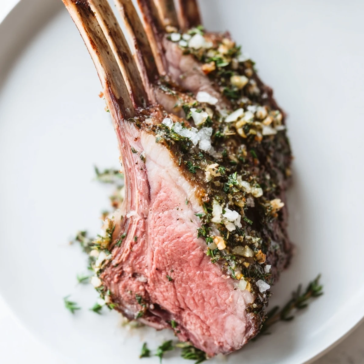 Perfectly roasted rack of lamb with herbs and garlic, garnished with flaky salt and fresh herbs for a French-inspired main course.