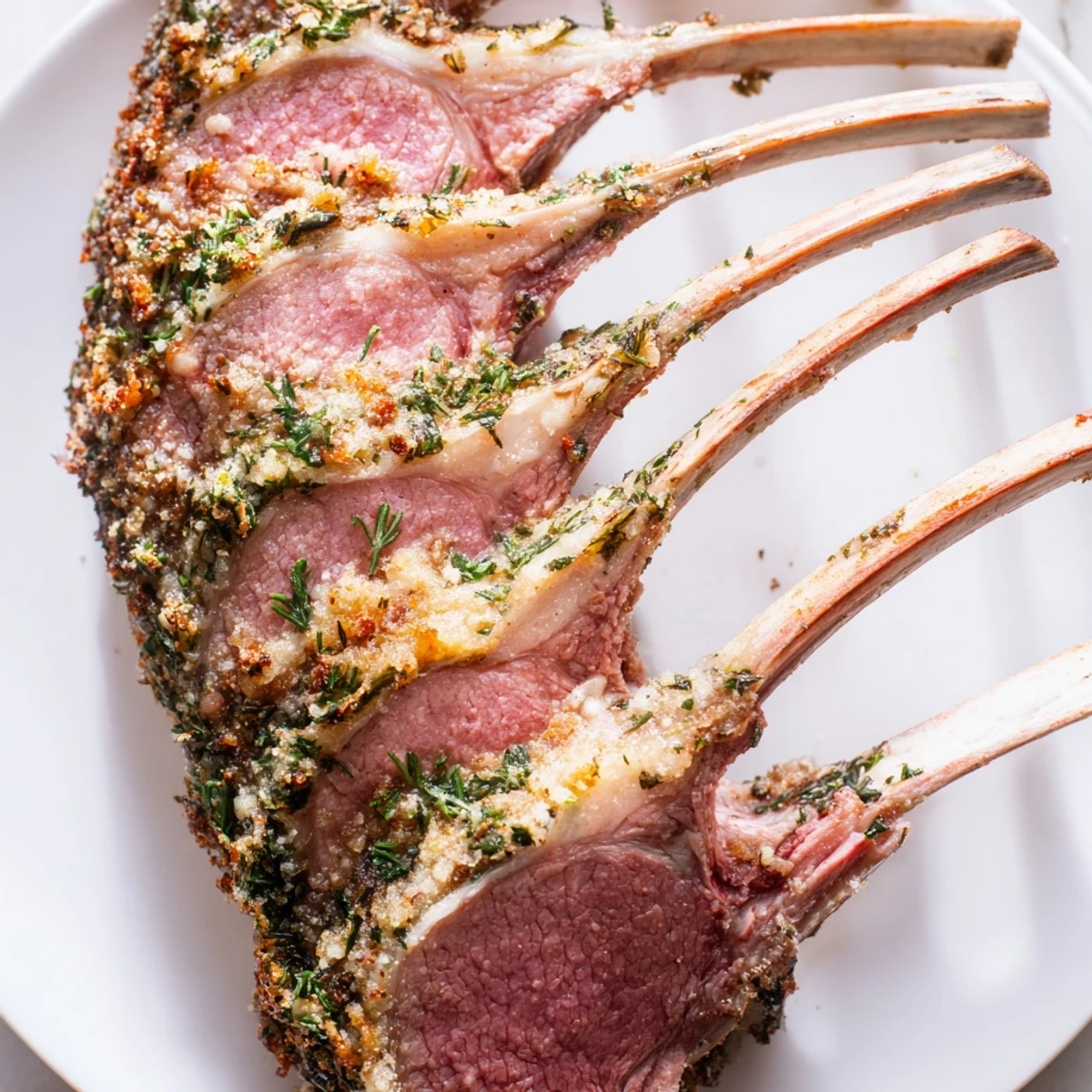 Fresh rosemary and garlic crust glistening on a juicy rack of lamb, paired with roasted potatoes and green beans.