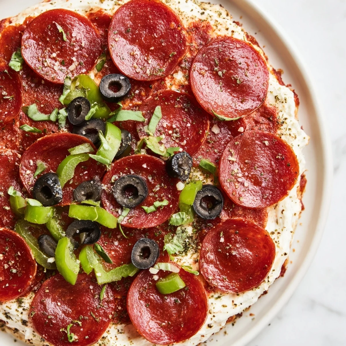 A warm, bubbly Pepperoni Pizza Dip fresh from the oven, topped with sliced beef pepperoni and fresh basil garnish.