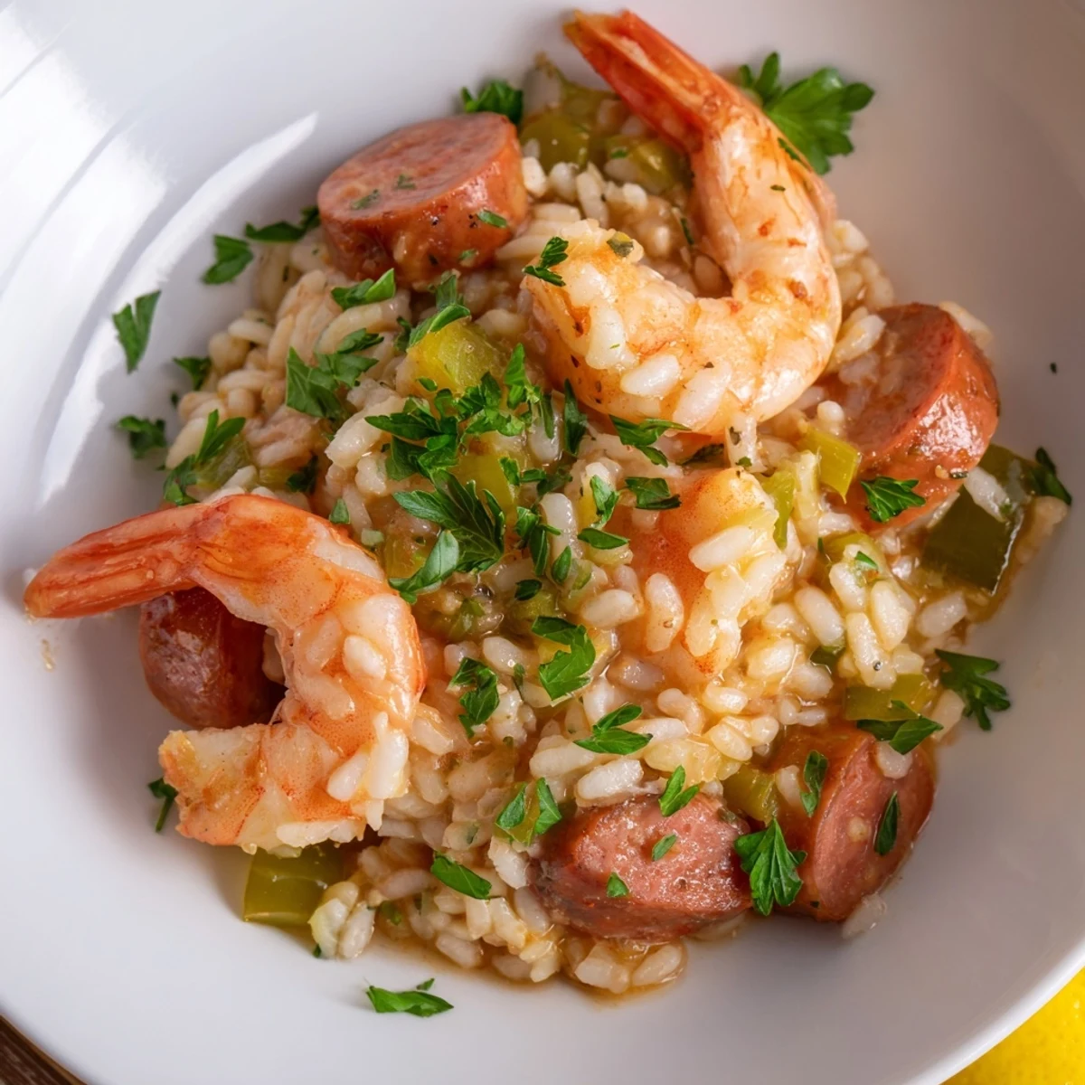 Steaming Creole Jambalaya Risotto with Shrimp features plump shrimp and creamy Arborio rice in a rich tomato broth.  