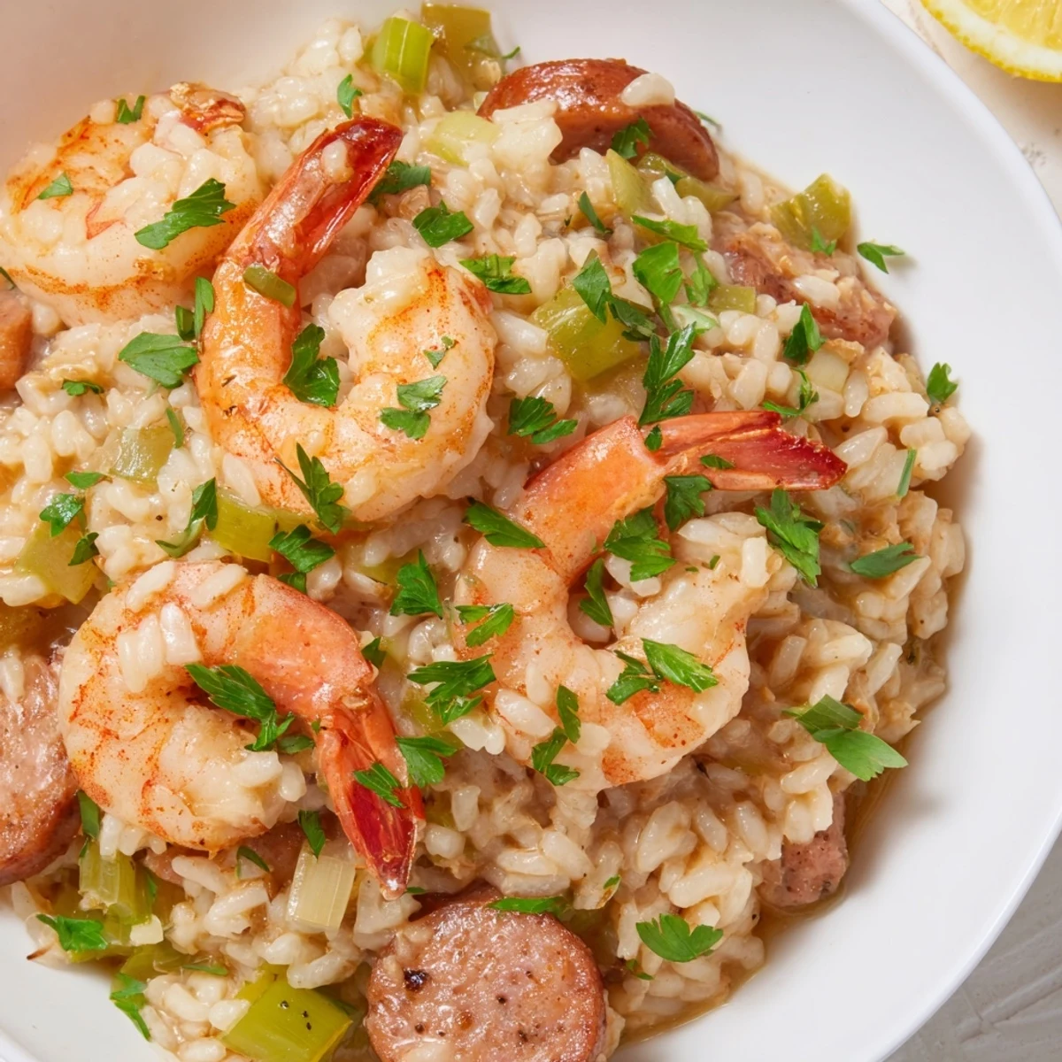 Golden-brown andouille sausage and diced bell peppers top this hearty Creole Jambalaya Risotto with Shrimp, ready to serve.  
