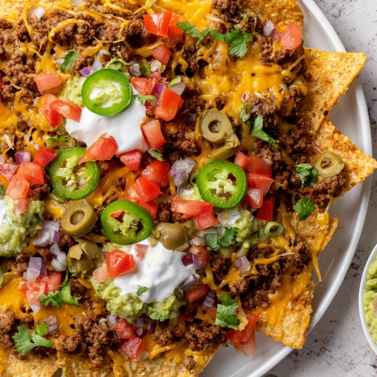 Freshly baked Nacho Platter with Ground Beef and Cheese, topped with diced tomatoes, jalapeños, and cilantro, served with sour cream and guacamole for dipping.