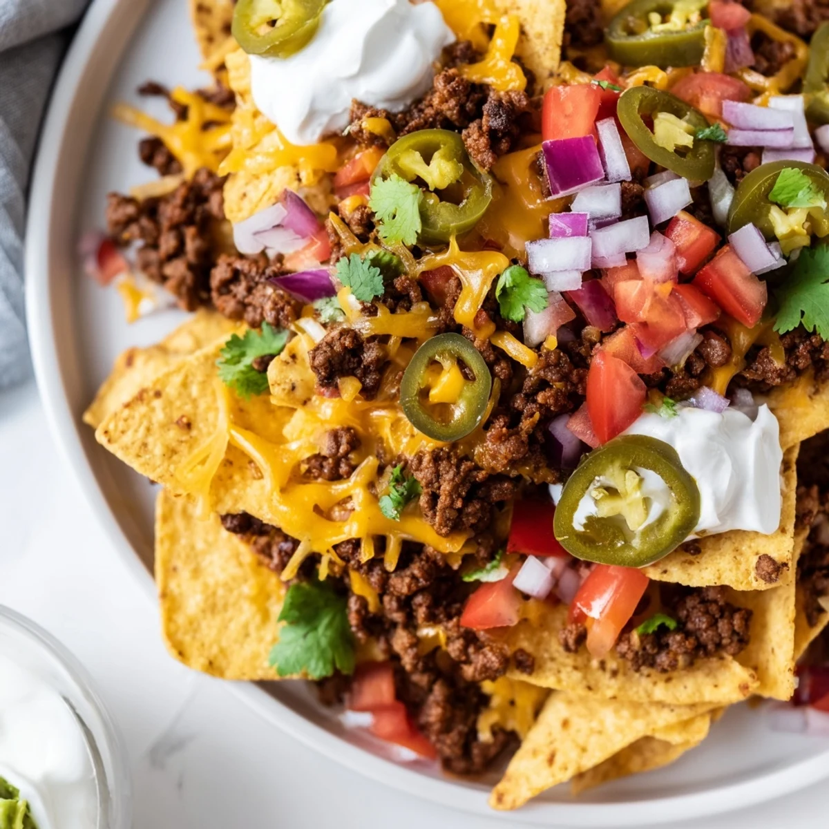 Golden, melted cheddar and Monterey Jack cheese blankets seasoned ground beef and crispy tortilla chips on a large sheet pan, ready to share.