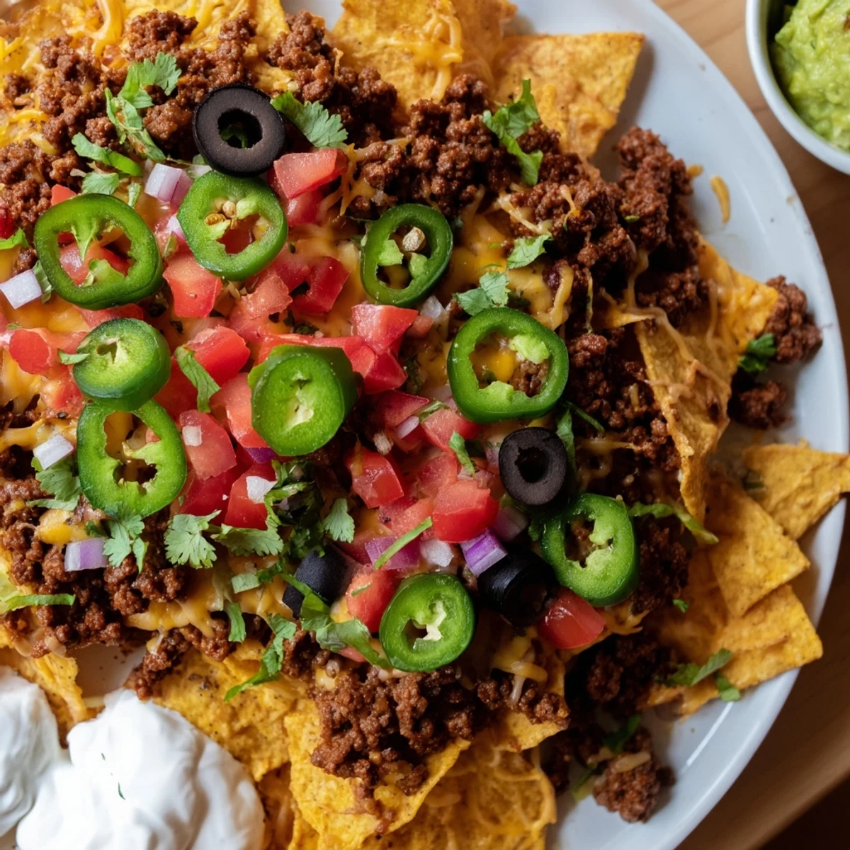 A close-up view of a loaded Nacho Platter with Ground Beef and Cheese, featuring vibrant toppings and sour cream on the side for dipping.