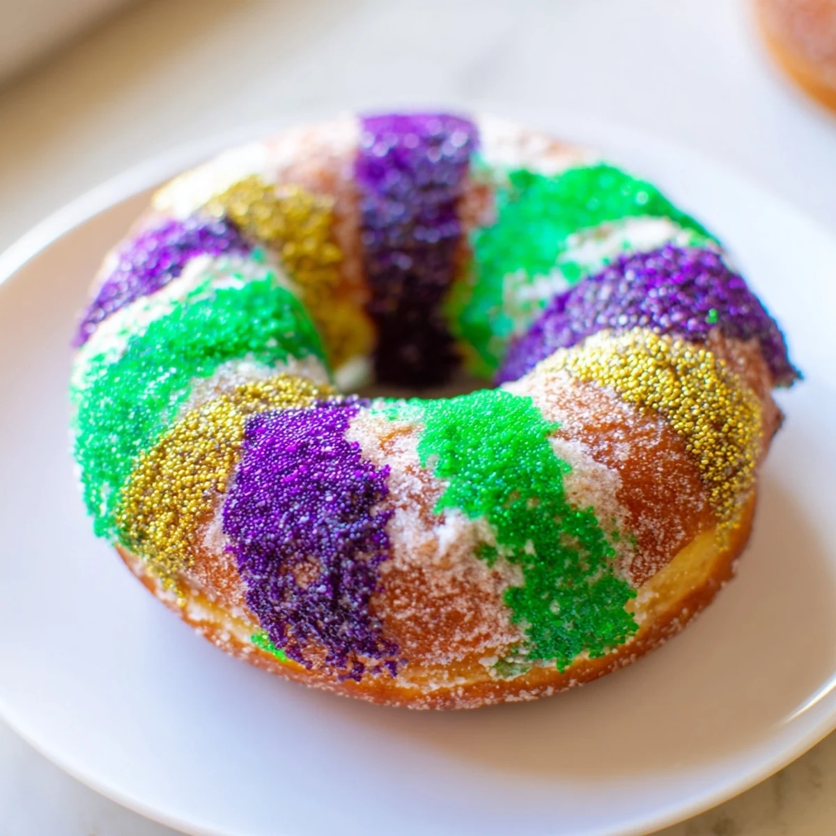Freshly fried Mardi Gras Donuts stacked on a plate, their vibrant colored sugar toppings reminiscent of classic New Orleans carnival festivities.  