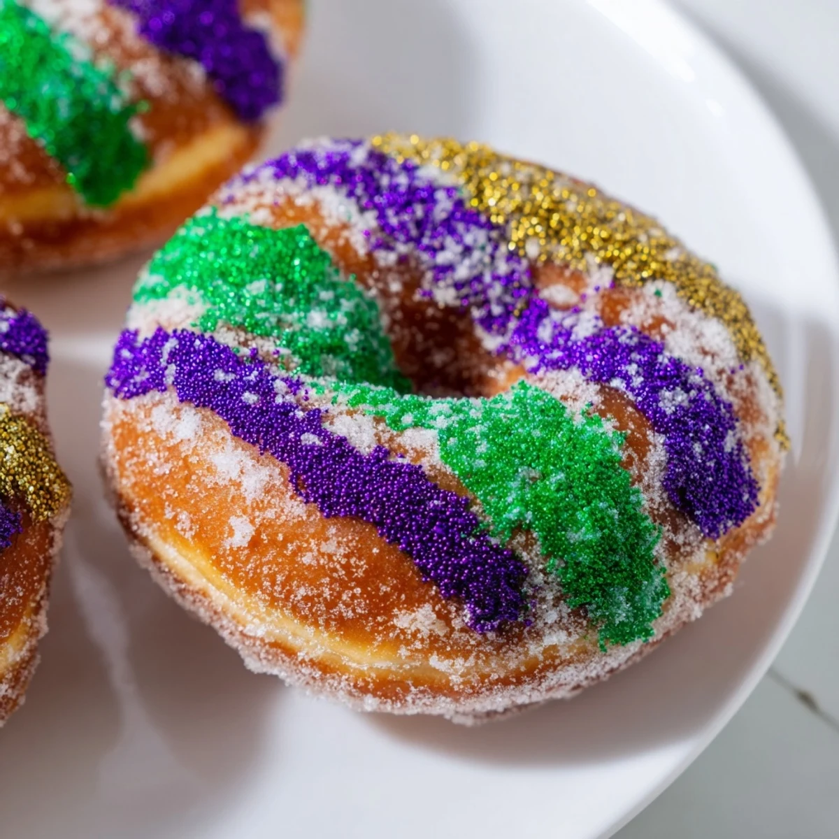 Fluffy, golden-brown Mardi Gras Donuts glistening with melted butter and dusted in purple, green, and gold colored sugar, ready for a festive celebration.  