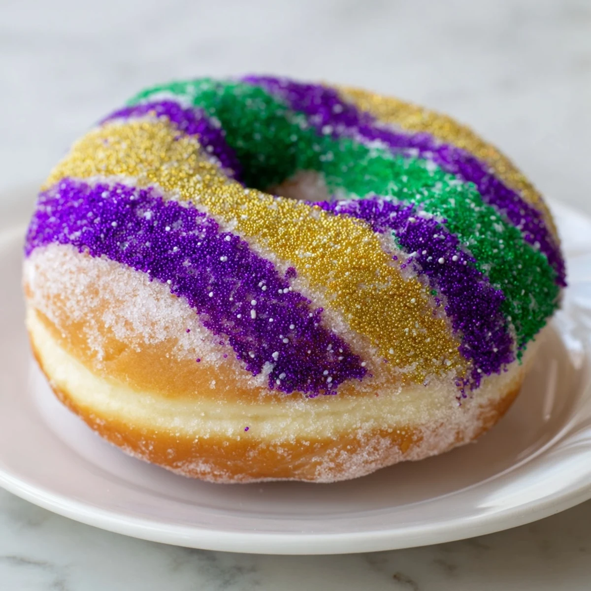 Warm Mardi Gras Donuts with soft, airy interiors, lightly brushed with butter and sprinkled with colorful sugar for a sweet bite.