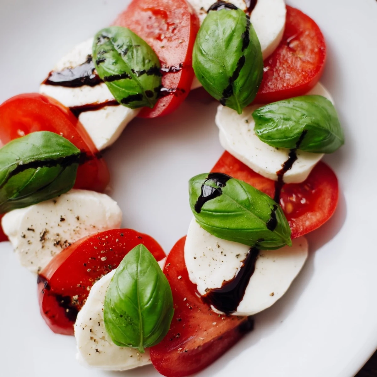Freshly cut heart-shaped tomatoes and mozzarella layered with basil, drizzled in glossy balsamic glaze on a rustic platter.