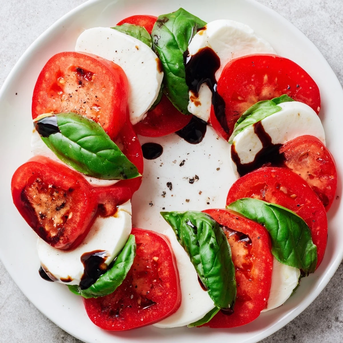 Close-up of Heart Caprese Salad with Balsamic Glaze, featuring juicy tomato hearts, creamy mozzarella, and a drizzle of glaze.