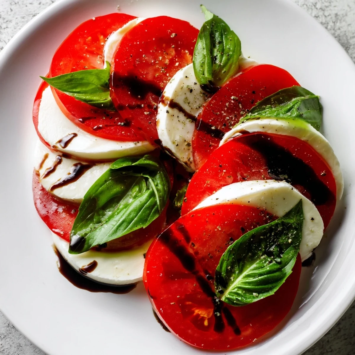 Romantic Heart Caprese Salad with Balsamic Glaze served as a vibrant appetizer, highlighting sweet-tangy glaze and green basil.
