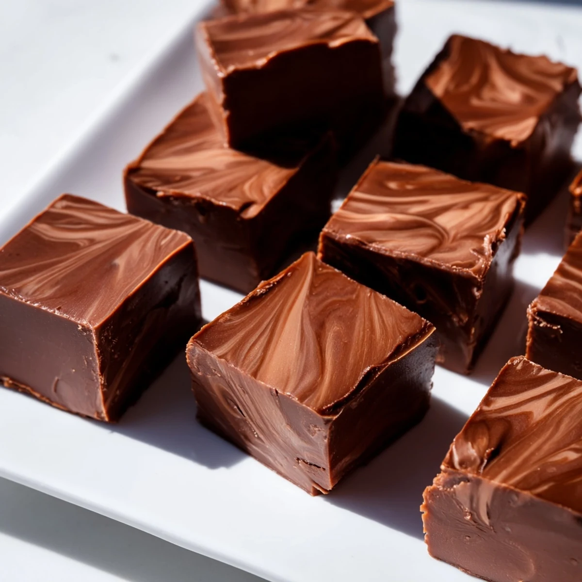 A top-down view of homemade Irish Cream Fudge squares on a wooden board, dusted with cocoa powder.  