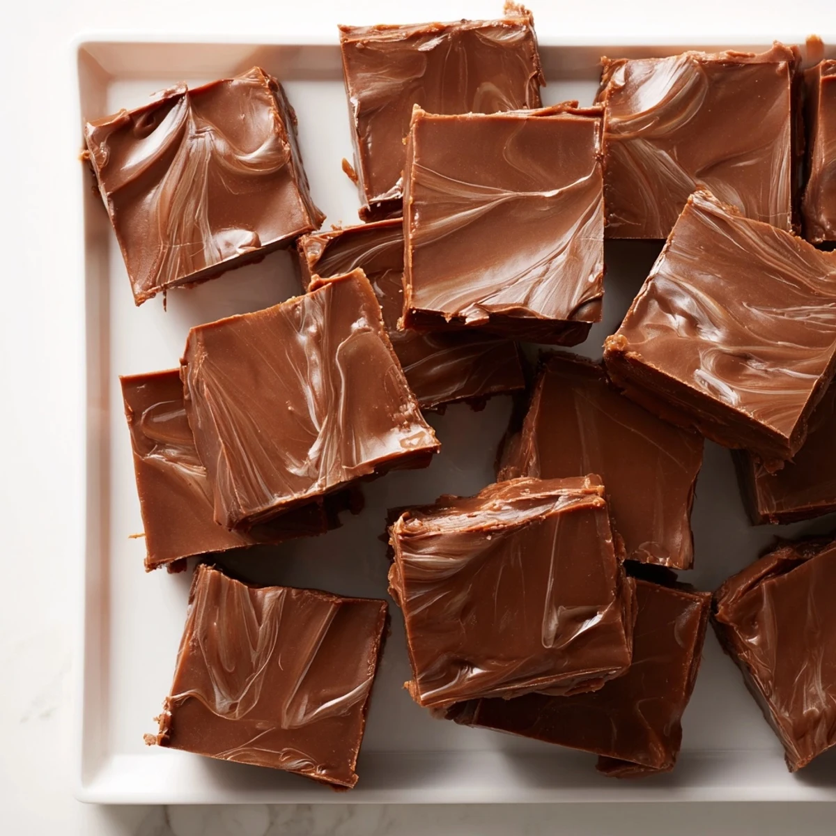 Rich, chocolatey Irish Cream Fudge squares arranged neatly on a rustic dessert platter for serving.