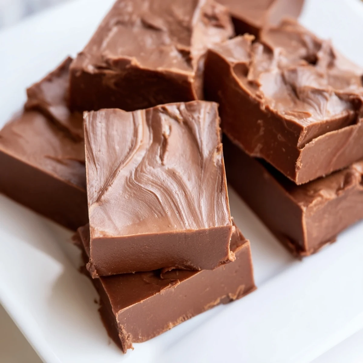 Perfectly set Irish Cream Fudge squares stacked on a marble platter next to a steaming cup of coffee.  