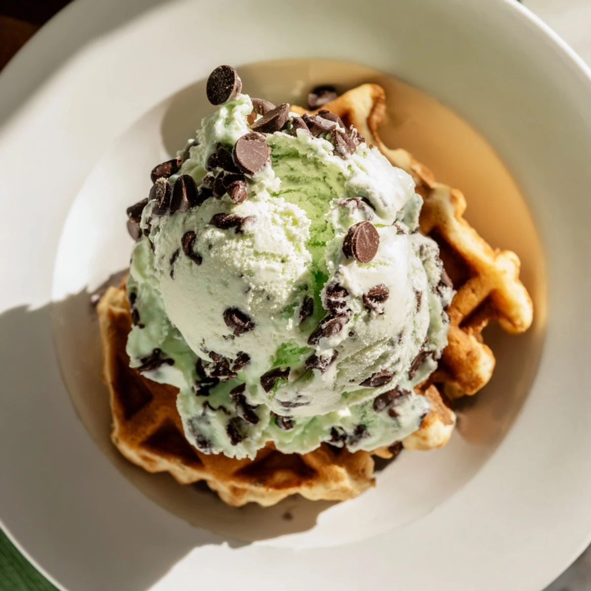 Mint chocolate chip ice cream melting slightly over a crisp waffle, creating a delightful mix of cool and warm textures.